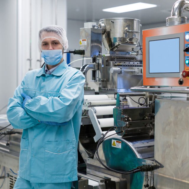 factory worker in blue suit with crossed hands stand near control panel of machine